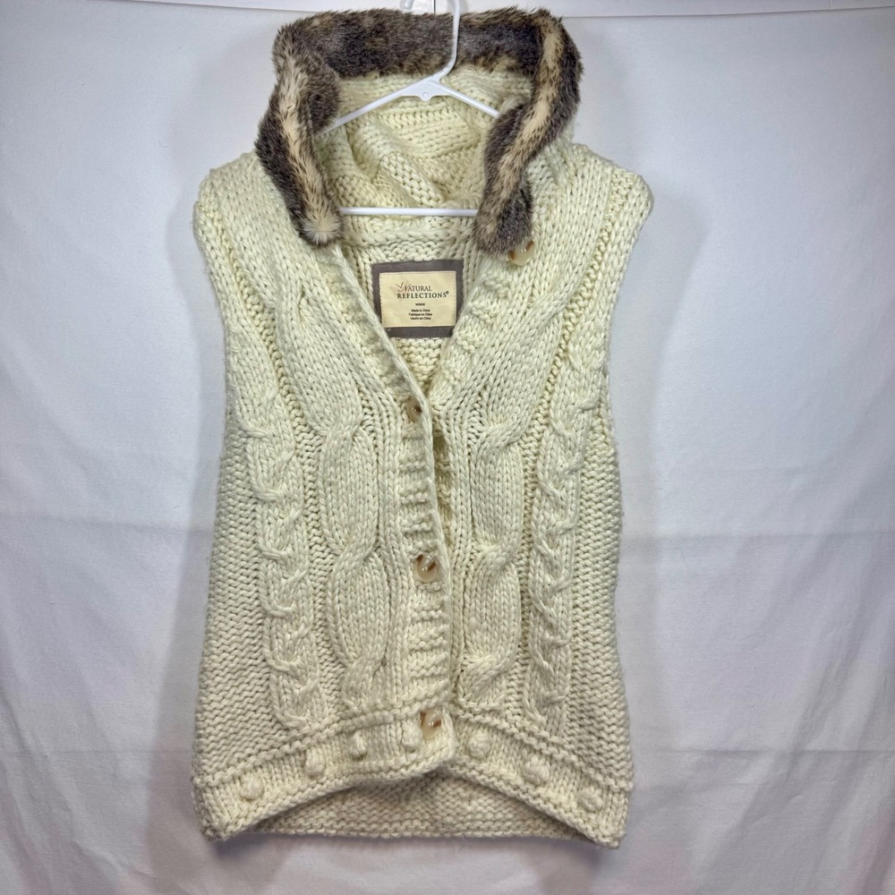 Natural Reflections Womens‎ M Cable Knit Faux Fur Hooded Vest Cream